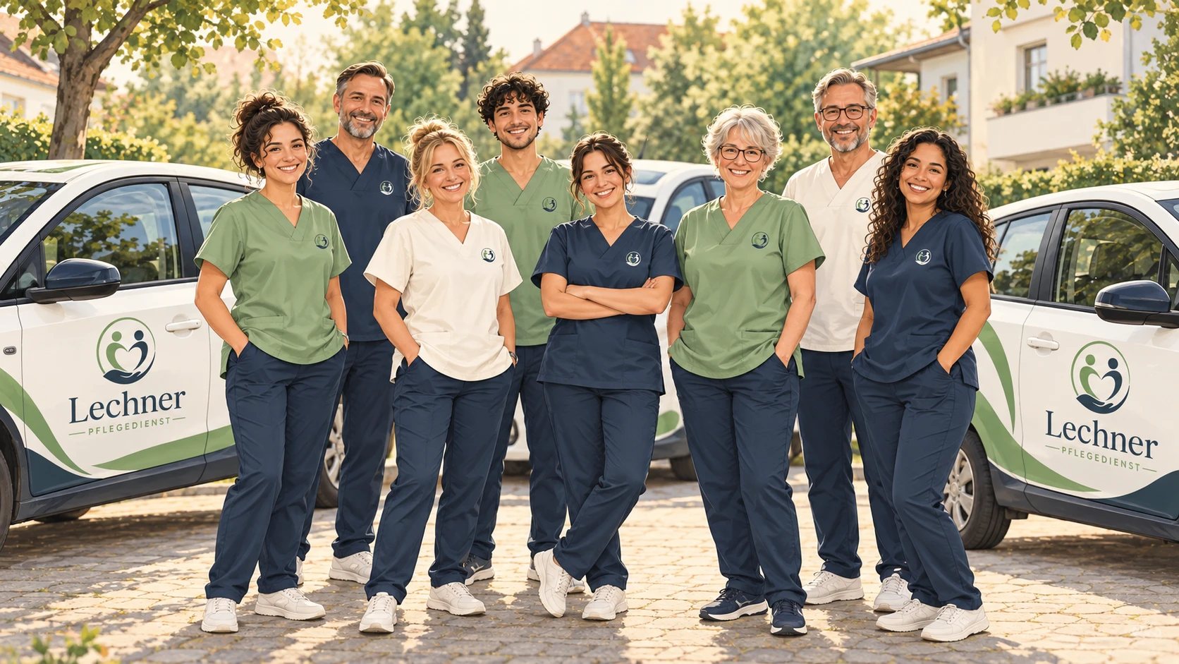 Das Team des Lechner Pflegedienstes vor den Dienstwagen